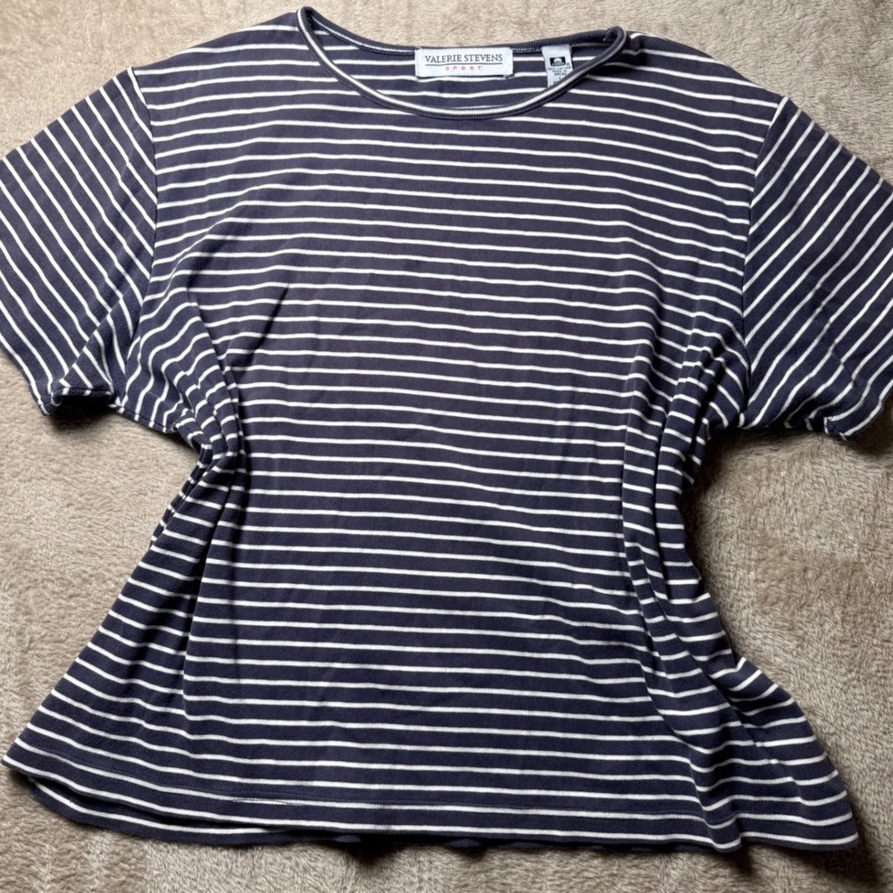 Valerie Stevens Sport Womens Navy Blue White Striped Cotton T-Shirt Size Large